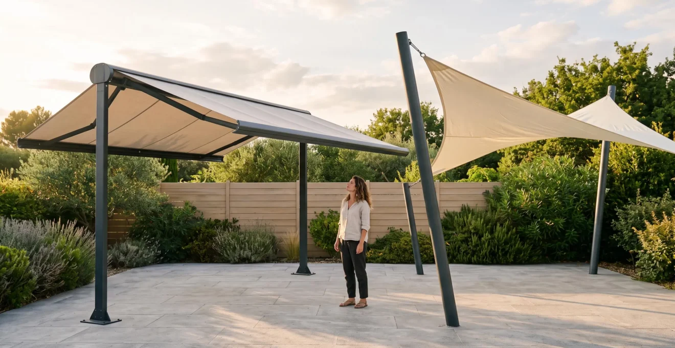 Une femme compare sur un espace d'exposition extérieur un store double pente autoportant et un voile d'ombrage sur mât.