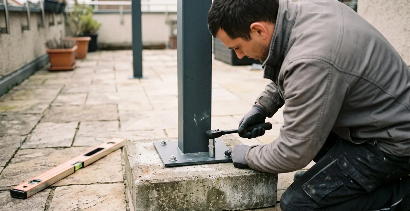 Un technicien serre la platine de fixation du poteau d'un store autoportant sur son bloc de lest en béton.