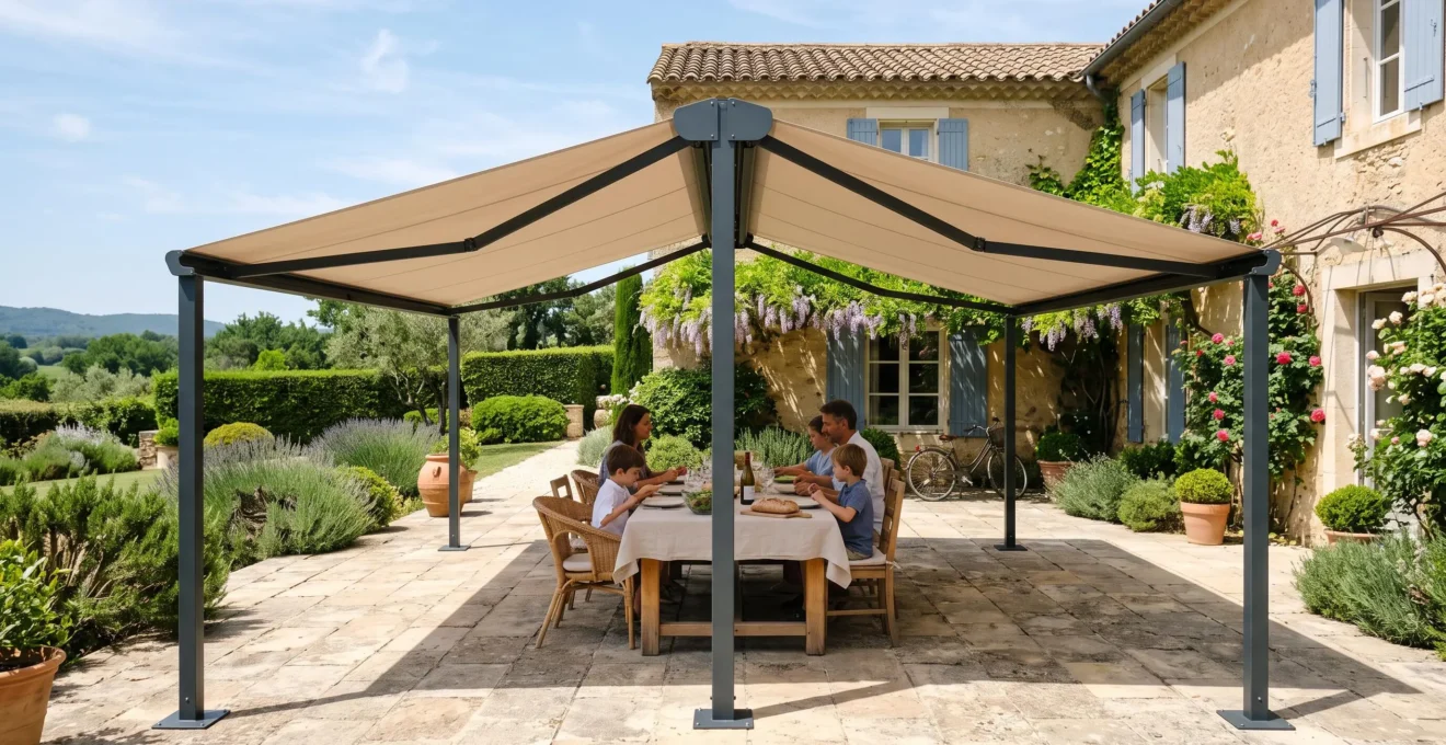 Un store double pente autoportant installé sur une grande terrasse pavée, ombrageant une table de jardin sans aucune fixation murale.