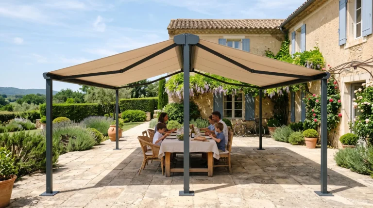 Un store double pente autoportant installé sur une grande terrasse pavée, ombrageant une table de jardin sans aucune fixation murale.